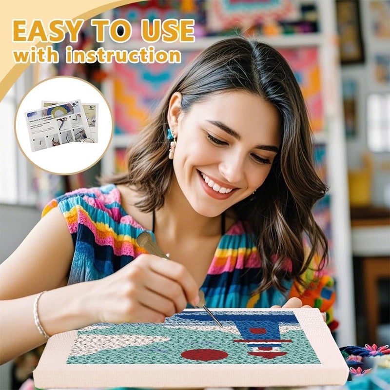 DOODLREAM Lighthouse DIY Punch Needle Embroidery Kit for Adult Beginner, 9.4" Sea Building Punch Stitching Craft Set for Starter with Frame, Fabric Pattern, Threader, Yarn, Pinch Needle - Image 3